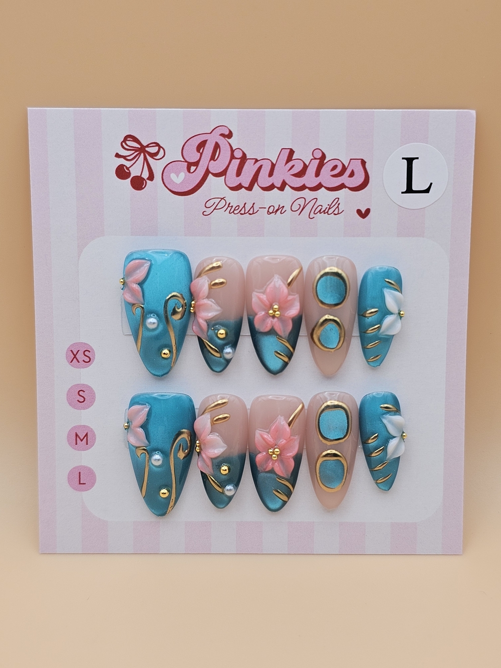 Press-on Nails Set 10pc Size L Almond Blue Turquoise Cateye Pink Flowers Gold